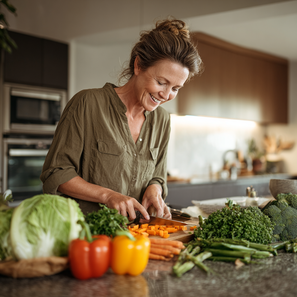 Confident mature woman in her 40s preparing fresh healthy vegetables in a bright modern kitchen, smiling while chopping colorful produce for meal preparation