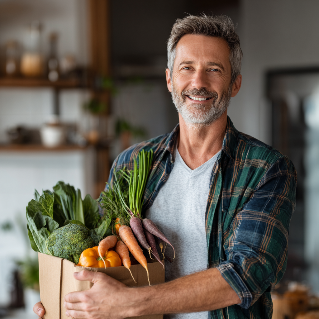Healthy professional man in his early 50s smiling confidently while holding fresh groceries and vegetables, standing in a bright kitchen environment, representing active mature lifestyle